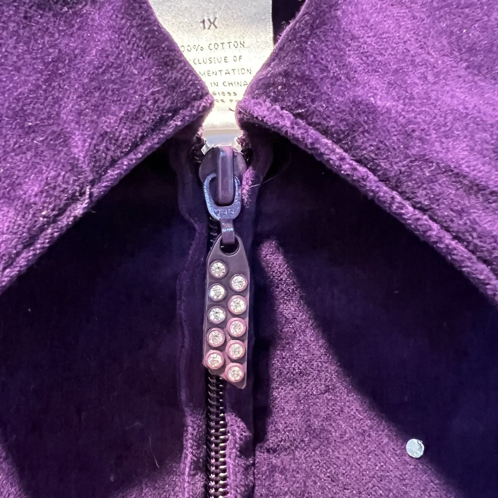 Quacker Factory Purple Jacket 1X Women's Velvet Rhinestone Zip Up Brooch Extra - Picture 3 of 12